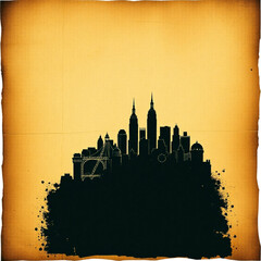 Silhouette of a city skyline with various buildings on a textured yellow background with a grunge effect