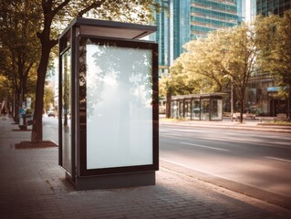 Empty White Blank Advertisement Space at Urban Bus Stop Shelter in City
