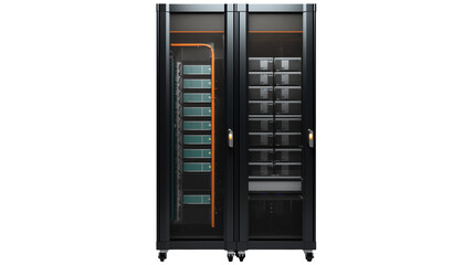 Server rack with hardware showcases data center infrastructure and network connectivity solutions isolated on transparent background