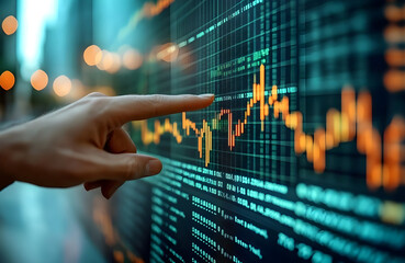 Businessman hand pointing stock market graph. Financial data on screen with digital chart. Investment, business, finance concept. Economic analysis, stock exchange trading. Downward trend.