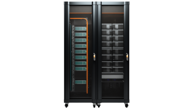 Server rack with hardware showcases data center infrastructure and network connectivity solutions isolated on transparent background