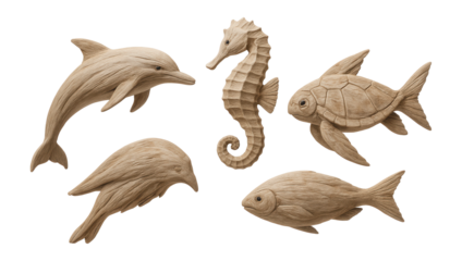 Animal figurines made of driftwood for a beach-themed home office.