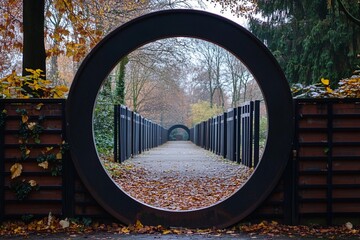 Round gate leading to a series of similar gates in a serene outdoor environment