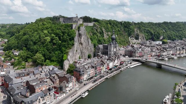 Dinant city Belgium&rsquo;s. on Meuse River Panning drone aerial