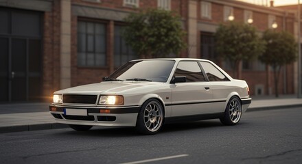 Classic white coupe car parked on city street