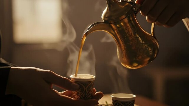 A person pours steaming coffee from a golden dallah into a small decorated cup held by another hand