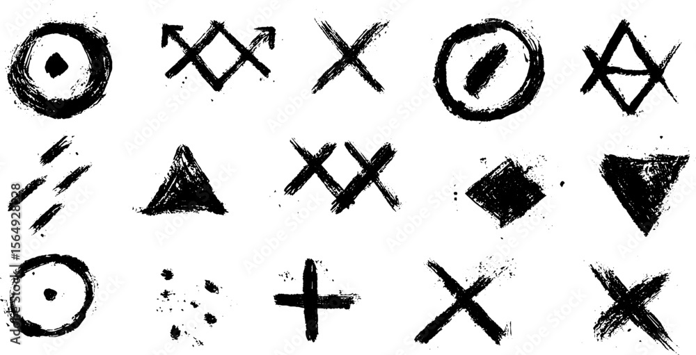 Poster Hand drawn geometric symbols collection featuring triangles and crosses for design use