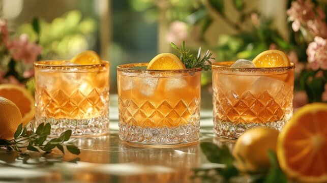 Premium alcohol-free cocktail set in crystalware, golden rim and botanical garnishes