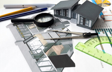 Architectural engineering design plan drawing on the table. Architect's work on table in studio....