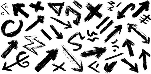 Creative flat lay of hand drawn arrows and symbols ink design for artistic projects