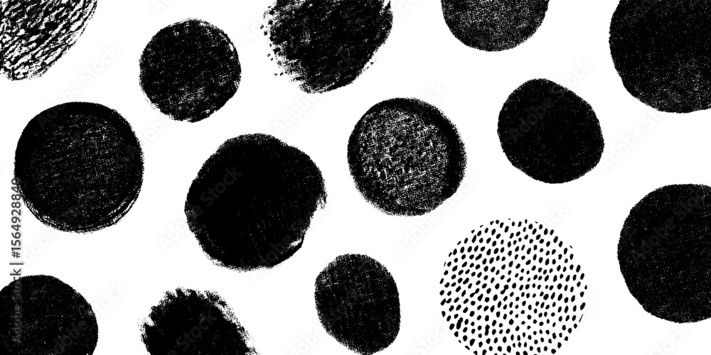 Poster artistic arrangement of handmade charcoal circles and dots for contemporary design