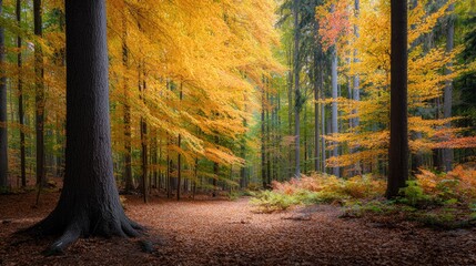 Tranquil Autumn Forest Scene with Vibrant Foliage and Soft Light