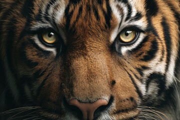 A striking closeup of a tigers face emphasizing its amber eyes striped forehead and pink nose