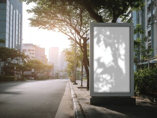 Empty White Blank Billboard on Urban Street with Morning Sunlight and Shadows