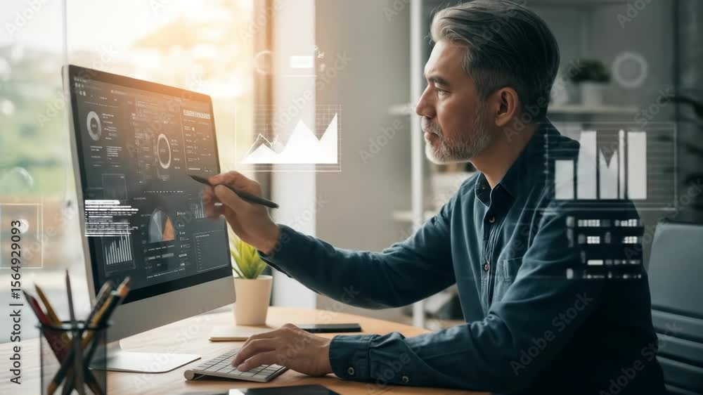 Poster mature man analyzing financial data on computer - a focused older man sits at his desk, reviewing fi