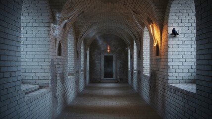 Obraz premium Spooky Brick Corridor with Raven, Arched Ceiling, and Dramatic Lighting