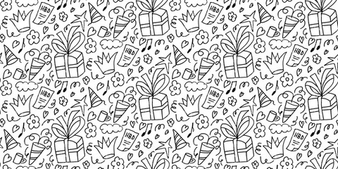 Birthday party doodle seamless pattern. Festive doodle endless background. Hand drawn kids black and white repeat cover. Bday continuous ornament. Vector hand drawn flat illustration.