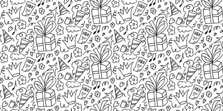 Birthday party doodle seamless pattern. Festive doodle endless background. Hand drawn kids black and white repeat cover. Bday continuous ornament. Vector hand drawn flat illustration.