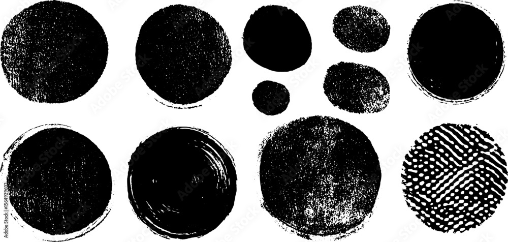Poster collection of black dry ink stamp textures with rough edges for creative design projects