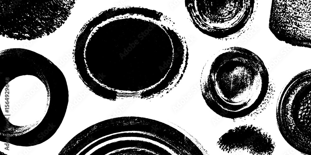 Poster collection of distressed dry ink stamp textures with rough edges in black for creative design