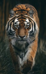 A tiger advances its powerful form defined by orange and black stripes piercing yellow eyes and a dense white beard
