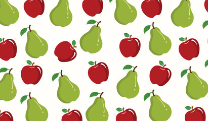Seamless Pattern with Red Apples and Green Pears on White Background
