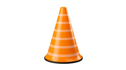 Isolated orange traffic cone with white stripes for construction and safety signage, rendering with isolated on transparent background