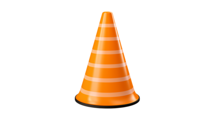 Isolated orange traffic cone with white stripes for construction and safety signage, rendering with isolated on transparent background