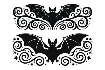 
Halloween Bats flourish swirl dividers, fancy curls line with bat stars, Calligraphy filigree Ornament scroll page separator, decorative ornate swirls, holiday menu Wedding borders design element


