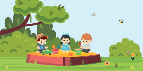 happy kids playing in sandbox together cartoon vector illustration