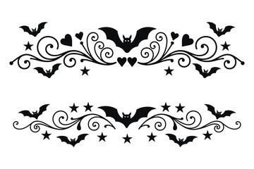 
Halloween Bats flourish swirl dividers, fancy curls line with bat stars, Calligraphy filigree Ornament scroll page separator, decorative ornate swirls, holiday menu Wedding borders design element


