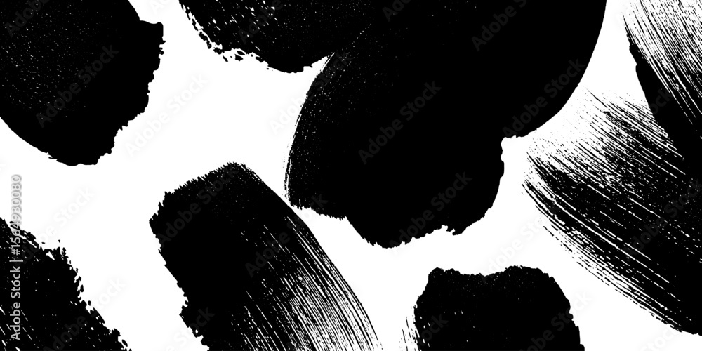Poster abstract art composition with high contrast black ink marks and gestural brush strokes
