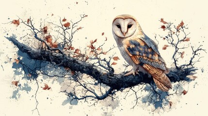 Detailed illustration of a barn owl perched on a branch amidst autumnal foliage. © 1989