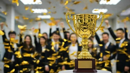 Golden Trophy and Celebrating Business Team - A gold trophy sits in the foreground, with a blurred background showing a group of jubilant businesspeople celebrating with their arms raised in the air. - Powered by Adobe