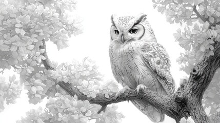 Detailed grayscale illustration of an owl perched on a tree branch.