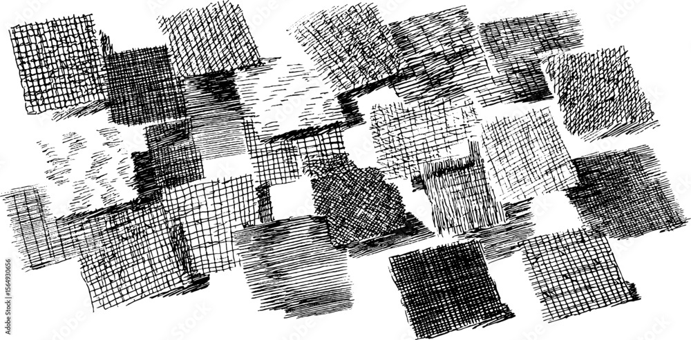 Poster abstract composition of scattered black pen hatch textures for artistic sketch concepts