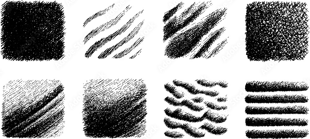 Poster collection of black pen hatch textures for artistic design and sketching