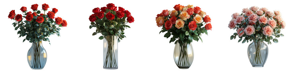 Soft pink roses in a minimalist vase on a transparent background