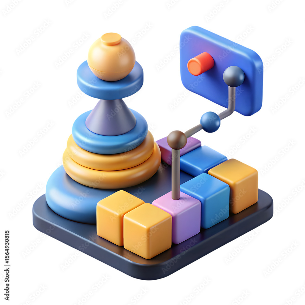 Poster photo of a 3d rendering of a colorful childrens toy, a combination of stacking rings and building bl