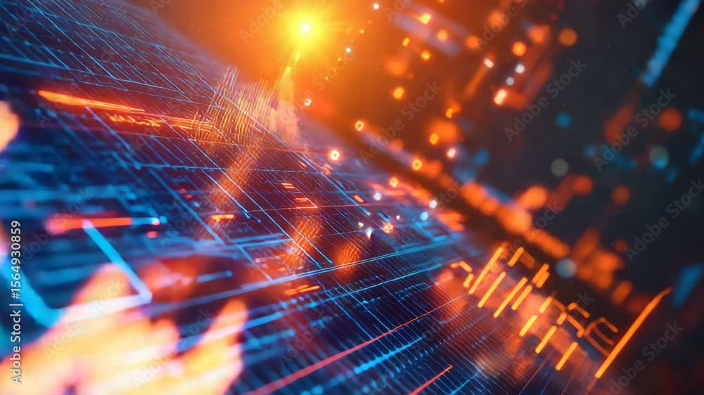 Poster a vibrant digital visualization of data flow and futuristic technology with glowing lines and partic