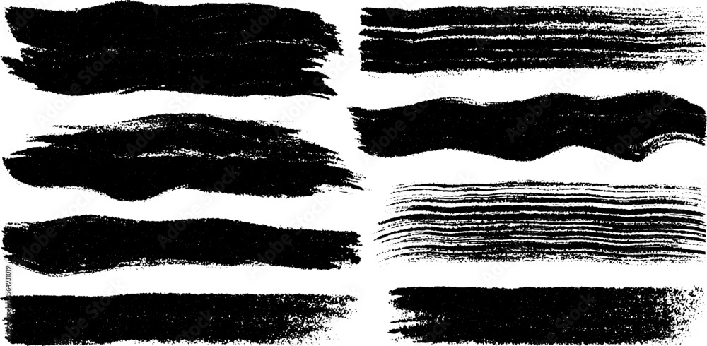 Poster collection of abstract dry brush stroke patterns in black ink for artistic design