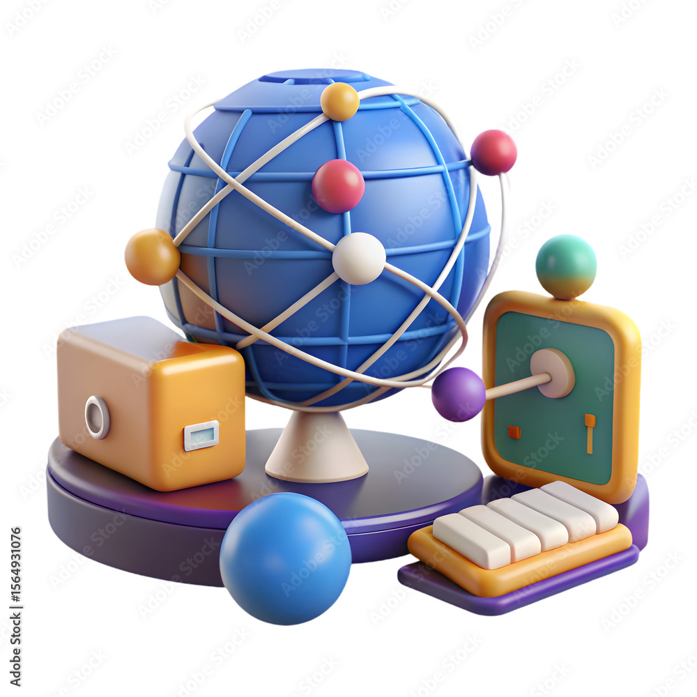 Poster photo of a detailed 3d rendering of a blue atom model with orbiting particles, accompanied by a comp