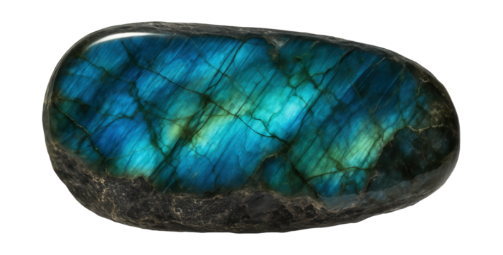 Labradorite specimen displaying blue and green iridescent labradorescence across its surface - Powered by Adobe