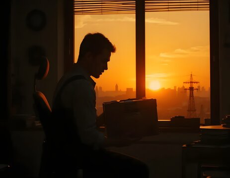 Silhouette of a man working at a desk with a sunset view through a window in a dark room setting