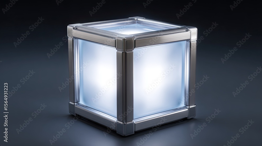 Poster illuminated cubic structure with metallic frame and soft glow