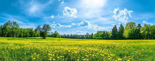 Fototapeta premium Beautiful spring landscape with green grass, trees, and a blue sky with clouds on a meadow with yellow dandelion flowers. Panoramic view.