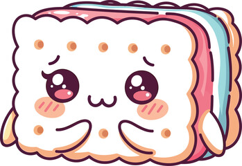Illustrated cute ice cream sandwich character with big eyes on white background