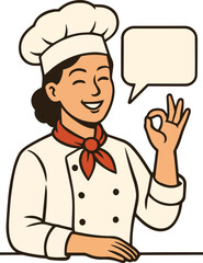 Smiling Female Cartoon Chef Showing OK Sign with Speech Bubble