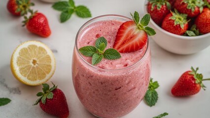 Refreshing strawberry smoothie with mint and lemon garnish