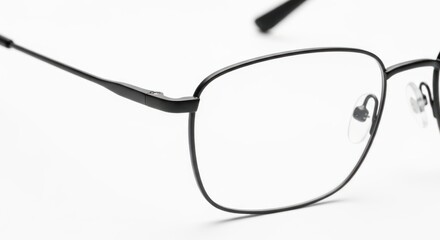 Close-up of black eyeglasses with clear lenses, isolated on white background.